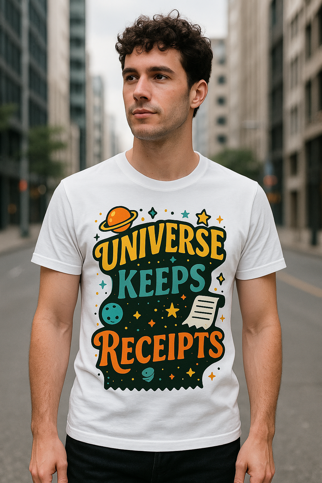 Universe Keeps Receipts – Men's Funky Cosmic Graphic T-Shirt