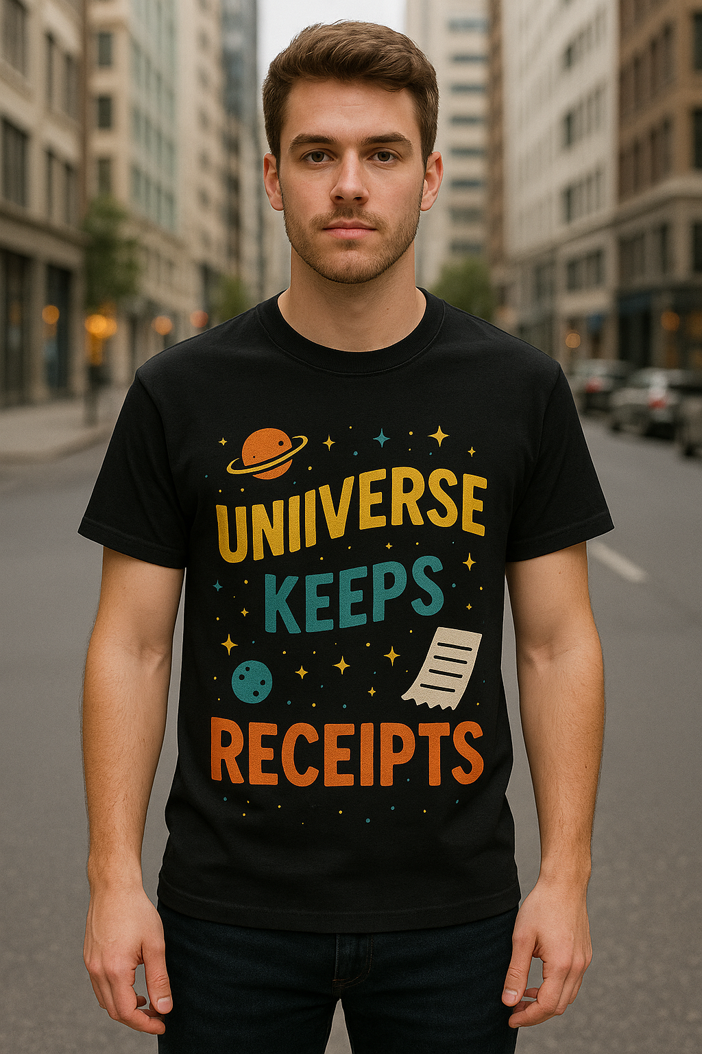 Universe Keeps Receipts – Men's Funky Cosmic Graphic T-Shirt