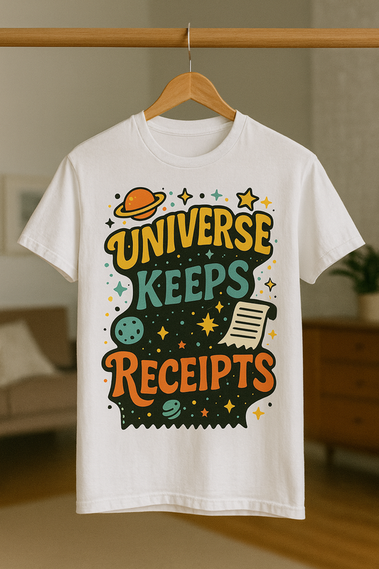 Universe Keeps Receipts – Men's Funky Cosmic Graphic T-Shirt