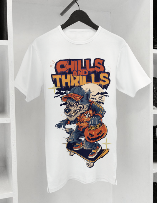 Men's Chills and Thrills Halloween Skater Wolf T-Shirt