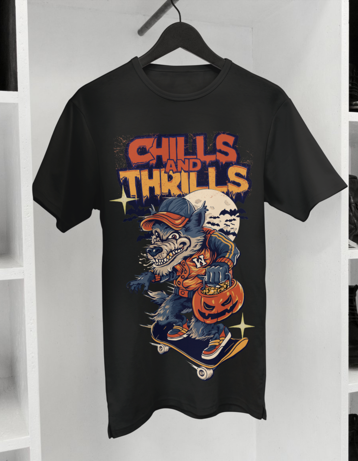 Men's Chills and Thrills Halloween Skater Wolf T-Shirt